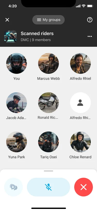 Skjermbilde fra Cardo Connect-appen som viser en DMC-gruppe kalt «Scanned riders» med ni medlemmer, inkludert profilbilder og navn på deltakere