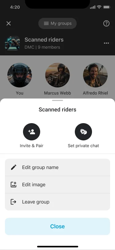 Skjermbilde av gruppestyring i Cardo Connect-appen, der en meny viser valgene «Invite & Pair», «Set private chat», «Edit group name», «Edit image» og «Leave group» for en DMC-gruppe med ni medlemmer