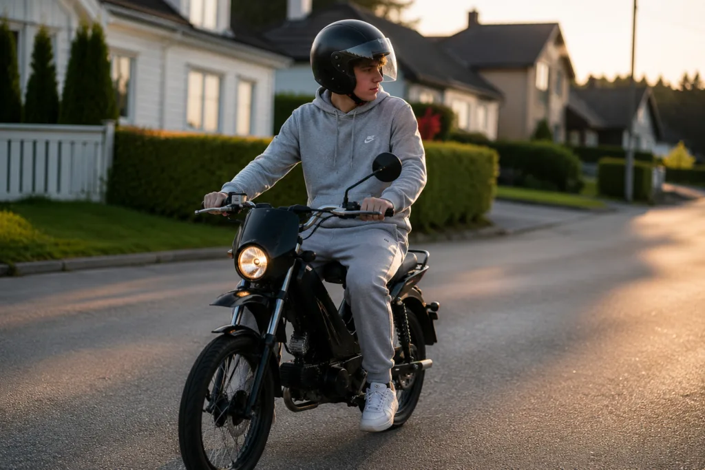Ung mann på moped i grå hettegenser og joggebukse uten beskyttelsesutstyr, kjører på villavei i kveldssol