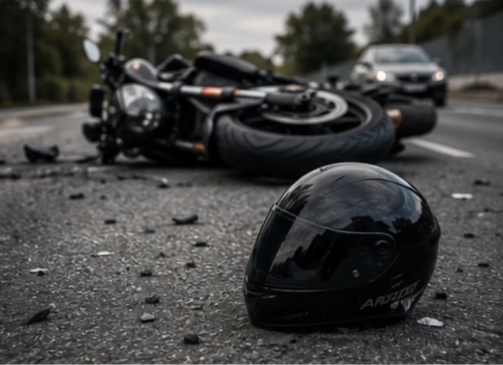 Veltet motorsykkel og hjelm på asfalten etter trafikkulykke, med bil i bakgrunnen