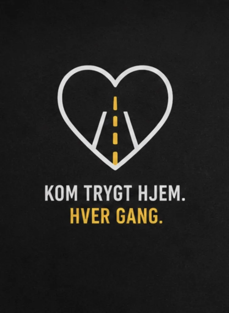 Hjerteformet ikon med vei og teksten "Kom trygt hjem. Hver gang
